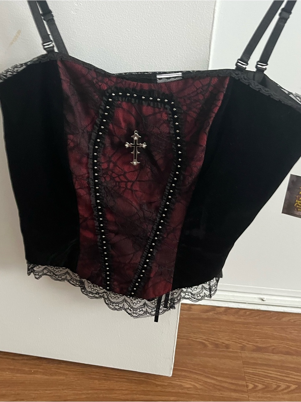 Gothic Black & Burgundy Lace Corset Top with Cross Accent
